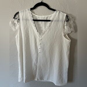 SHEIN White Lace Trim Buttoned Top